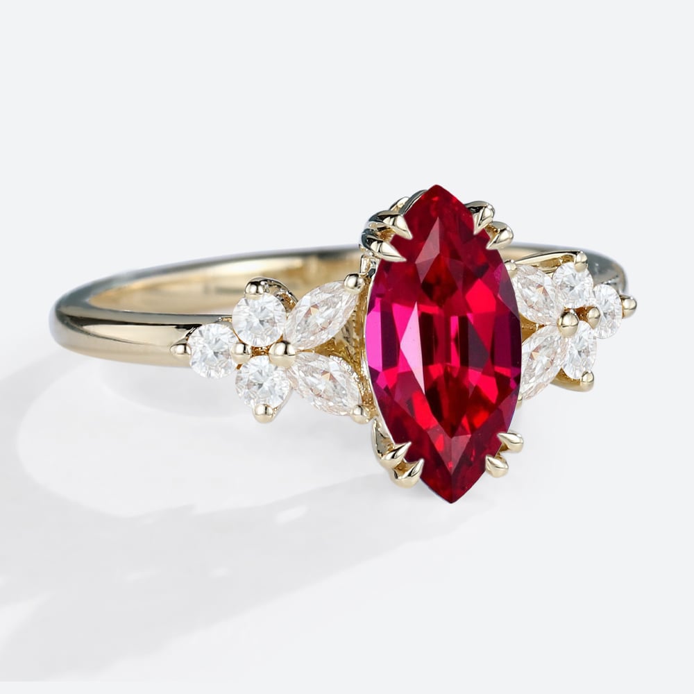 Unique Marquise Lab Ruby Engagement Ring Floral Elegance Bridal Ring