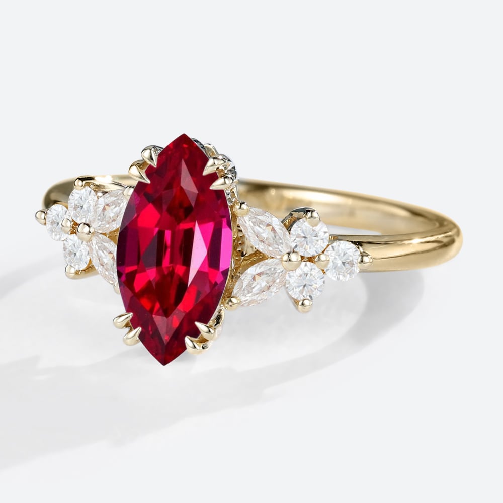Unique Marquise Lab Ruby Engagement Ring Floral Elegance Bridal Ring