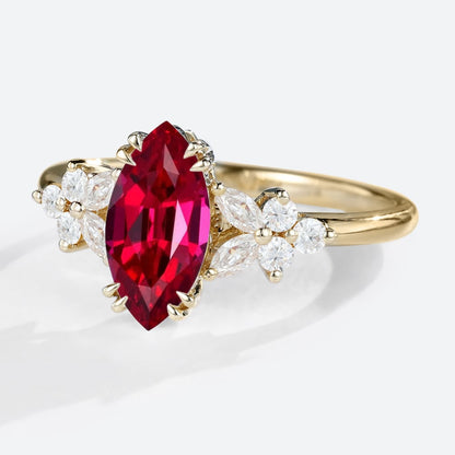 Unique Marquise Lab Ruby Engagement Ring Floral Elegance Bridal Ring