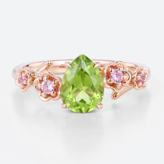 Unique floral engagement rings Pear Peridot Flower Engagement Ring Peridot Halo Leaf Ring