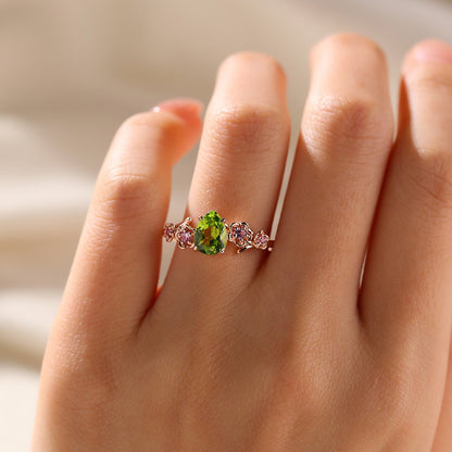 Unique floral engagement rings Pear Peridot Flower Engagement Ring Peridot Halo Leaf Ring