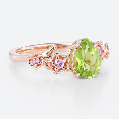 Unique floral engagement rings Pear Peridot Flower Engagement Ring Peridot Halo Leaf Ring