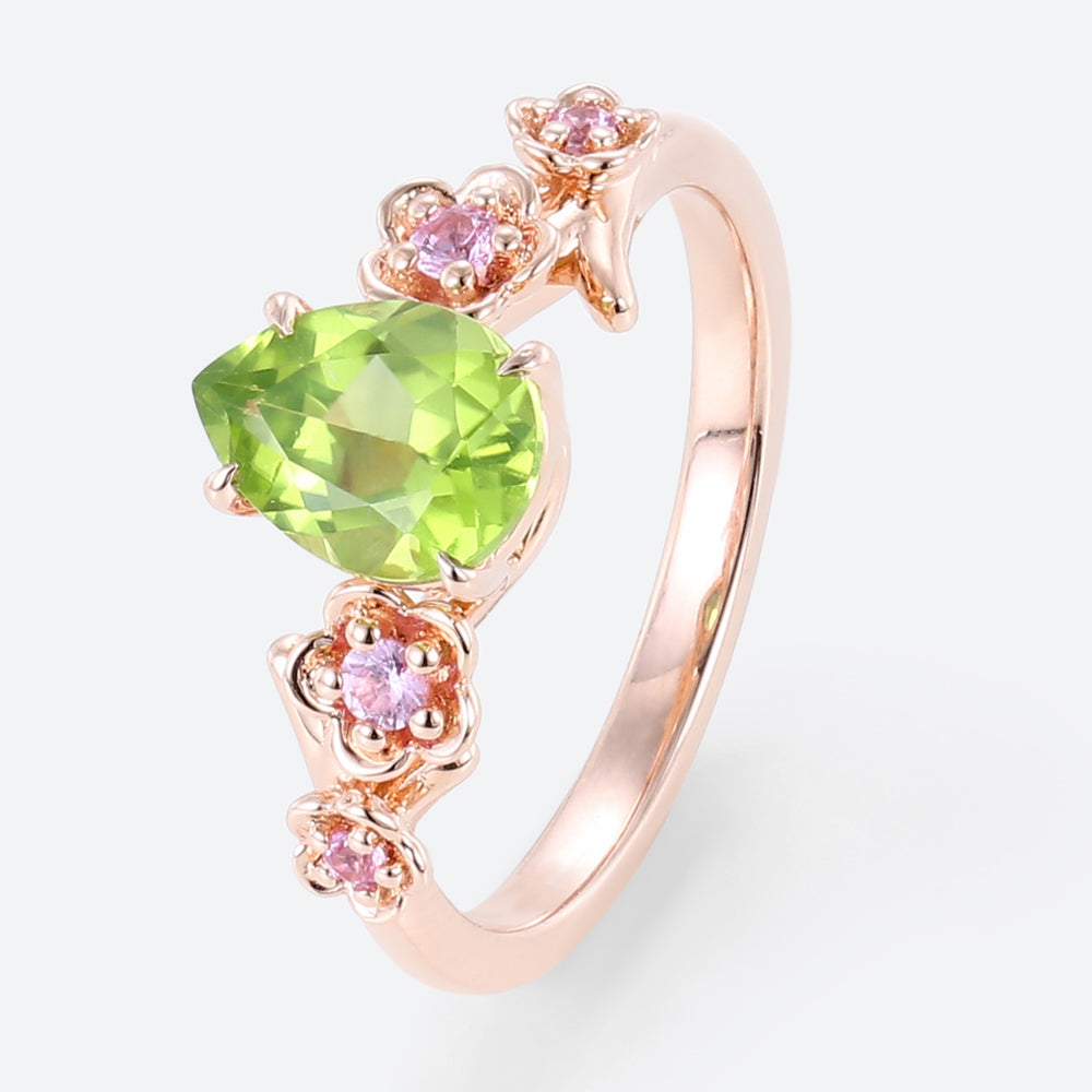 Unique floral engagement rings Pear Peridot Flower Engagement Ring Peridot Halo Leaf Ring