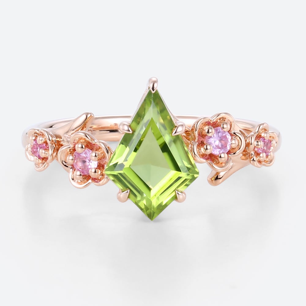 Unique Kite Peridot Blossom Engagement Ring Charming Flora Bridal Ring