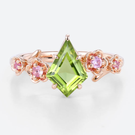 Unique Kite Peridot Blossom Engagement Ring Charming Flora Bridal Ring