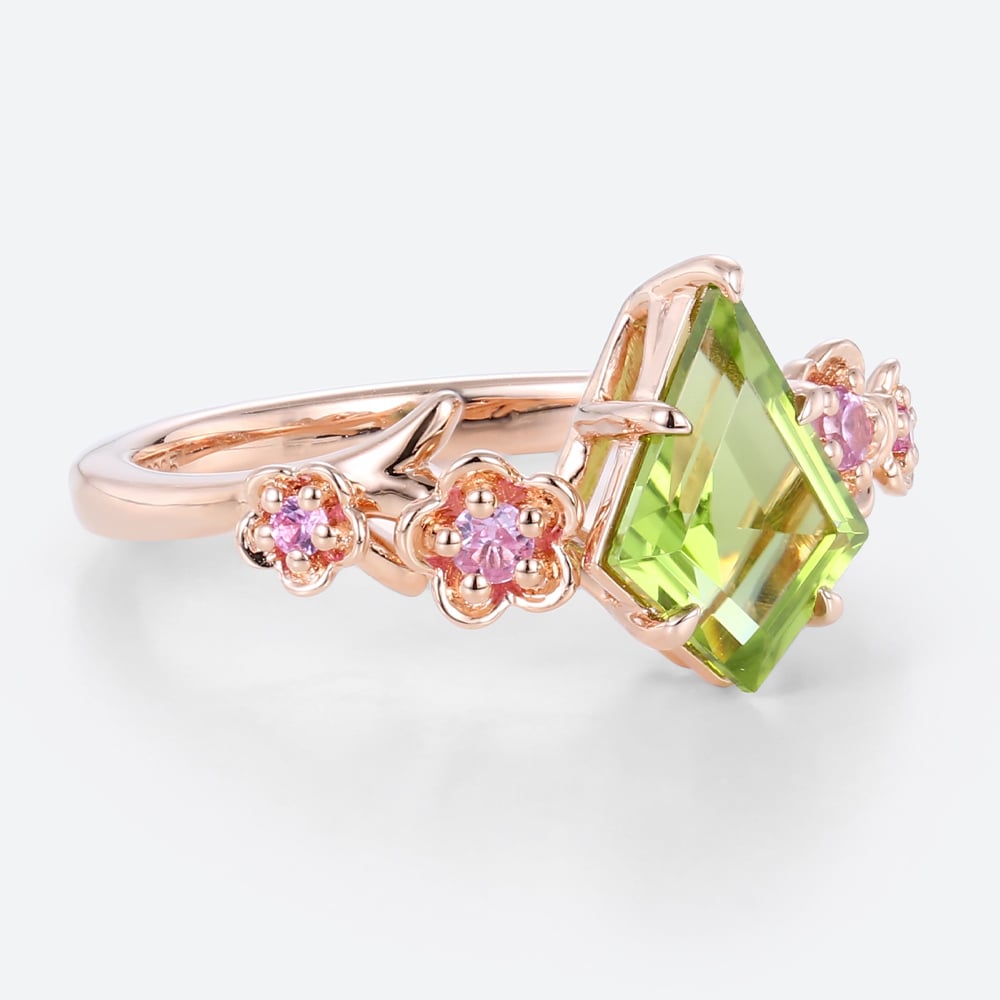Unique Kite Peridot Blossom Engagement Ring Charming Flora Bridal Ring