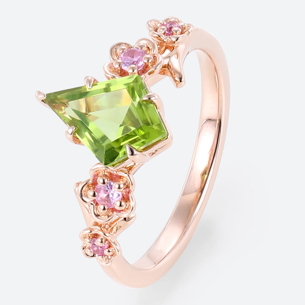 Unique Kite Peridot Blossom Engagement Ring Charming Flora Bridal Ring