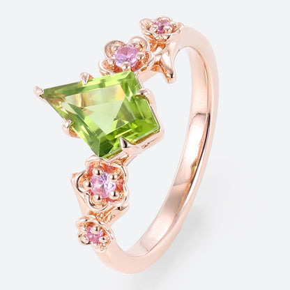 Unique Kite Peridot Blossom Engagement Ring Charming Flora Bridal Ring