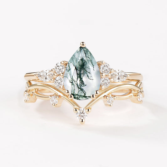 Unique Branches Pear Moss Agate Leafy Ring Set