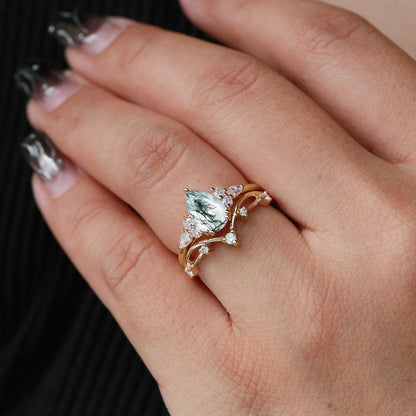 Unique Branches Pear Moss Agate Leafy Ring Set