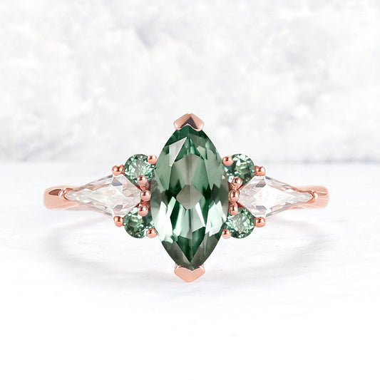 Unique Cluster Marquise Green Lab Sapphire Ring