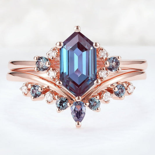 Unique Cluster Hexagon Cut Alexandrite Seven Stone Gemstone Ring Set