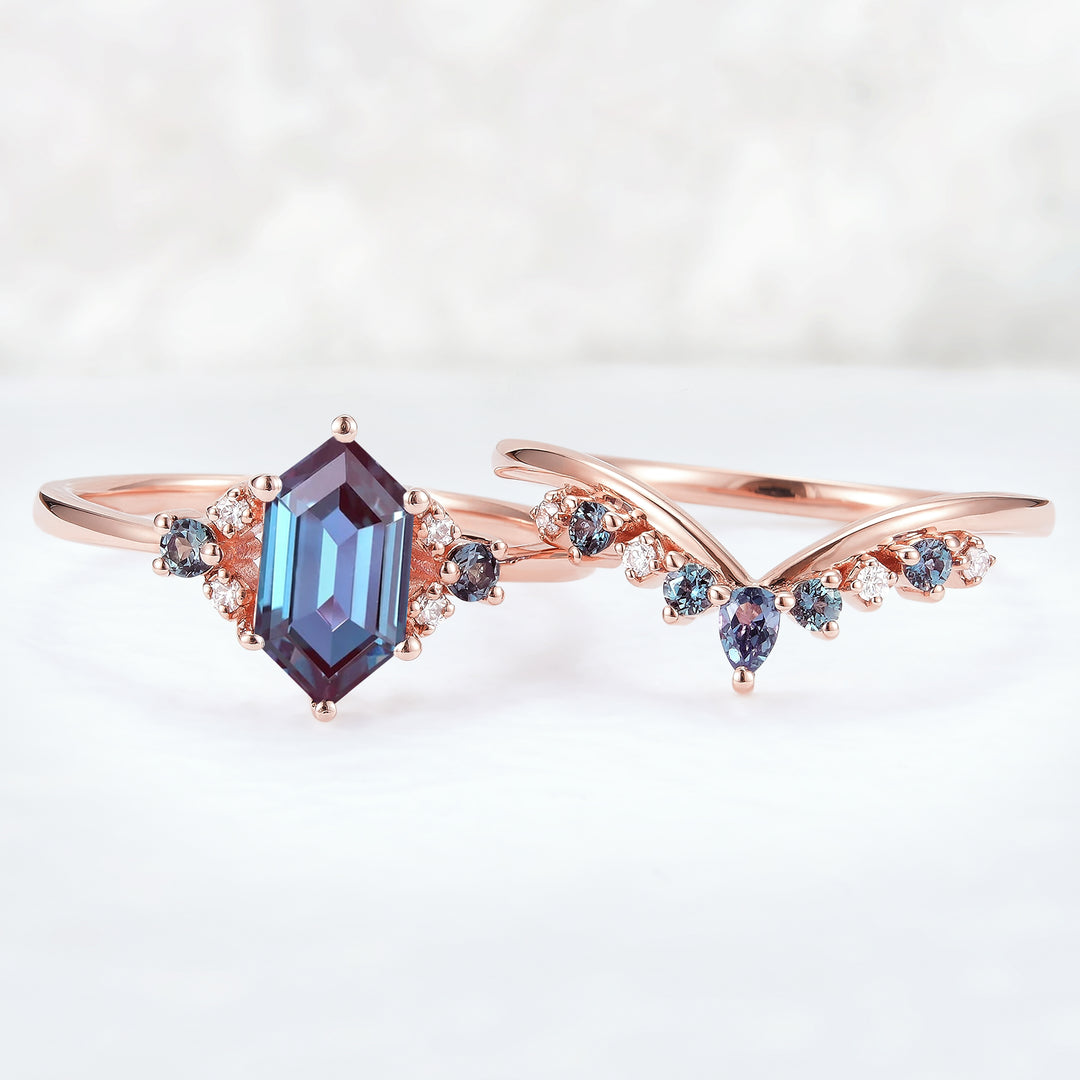 Unique Cluster Hexagon Cut Alexandrite Seven Stone Gemstone Ring Set