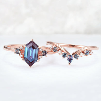 Unique Cluster Hexagon Cut Alexandrite Seven Stone Gemstone Ring Set
