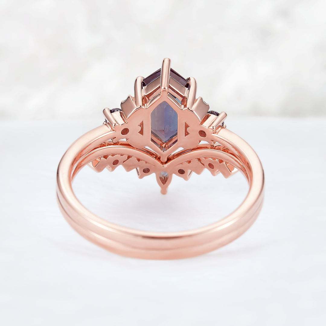 Unique Cluster Hexagon Cut Alexandrite Seven Stone Gemstone Ring Set