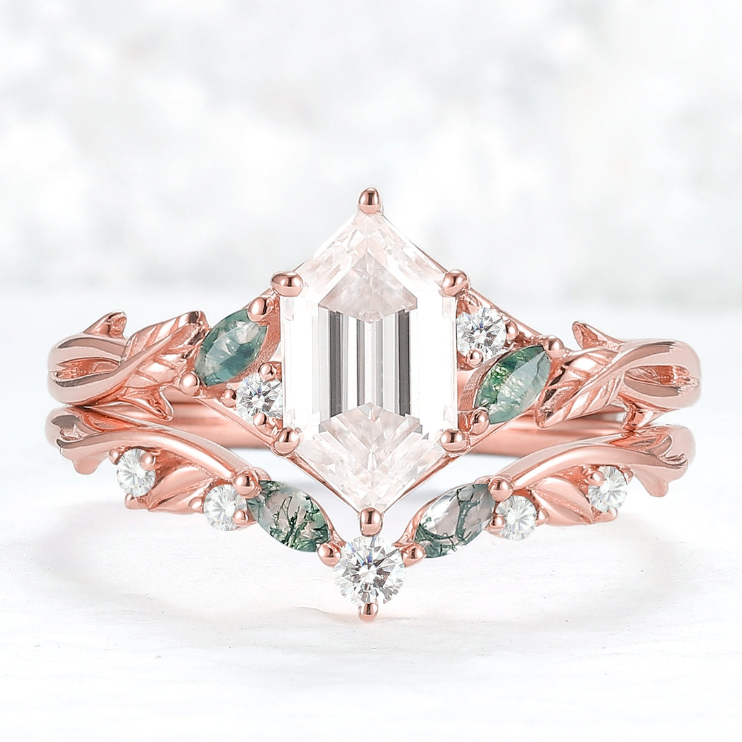 Unique floral engagement rings Hexagon Cut Moissanite Vine Gemstone Ring Set