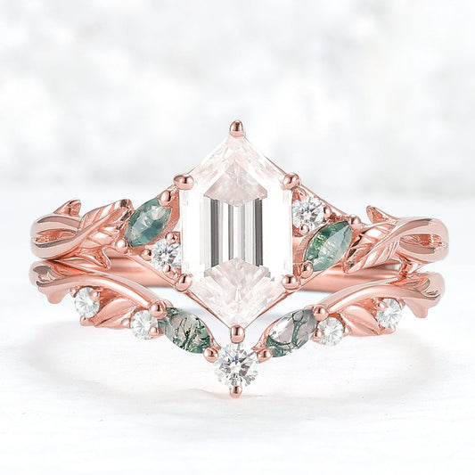 Unique floral engagement rings Hexagon Cut Moissanite Vine Gemstone Ring Set