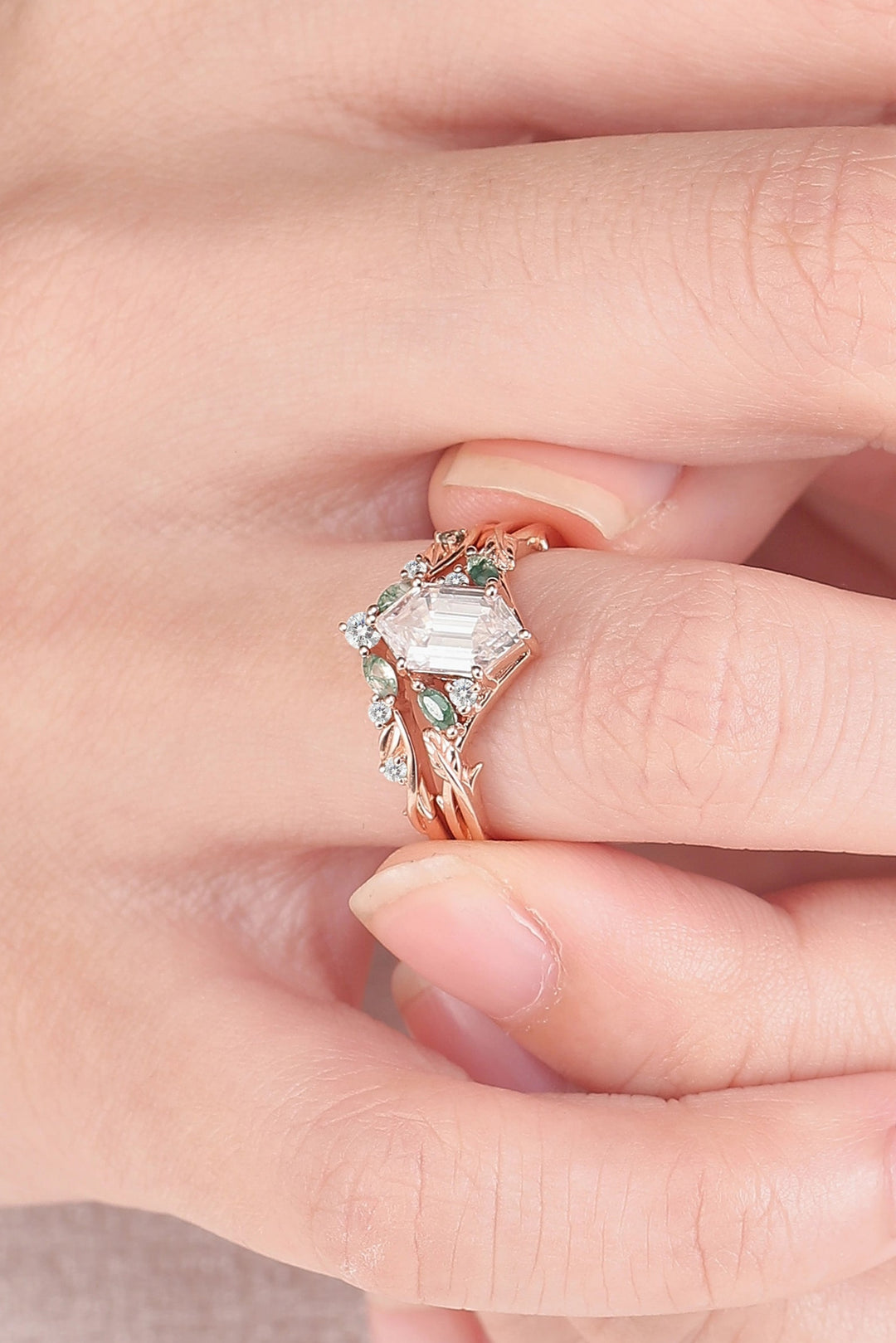 Unique floral engagement rings Hexagon Cut Moissanite Vine Gemstone Ring Set