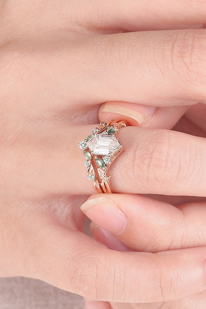 Unique floral engagement rings Hexagon Cut Moissanite Vine Gemstone Ring Set