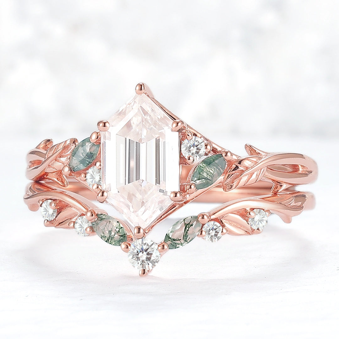 Unique floral engagement rings Hexagon Cut Moissanite Vine Gemstone Ring Set