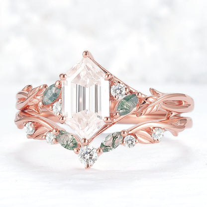 Unique floral engagement rings Hexagon Cut Moissanite Vine Gemstone Ring Set