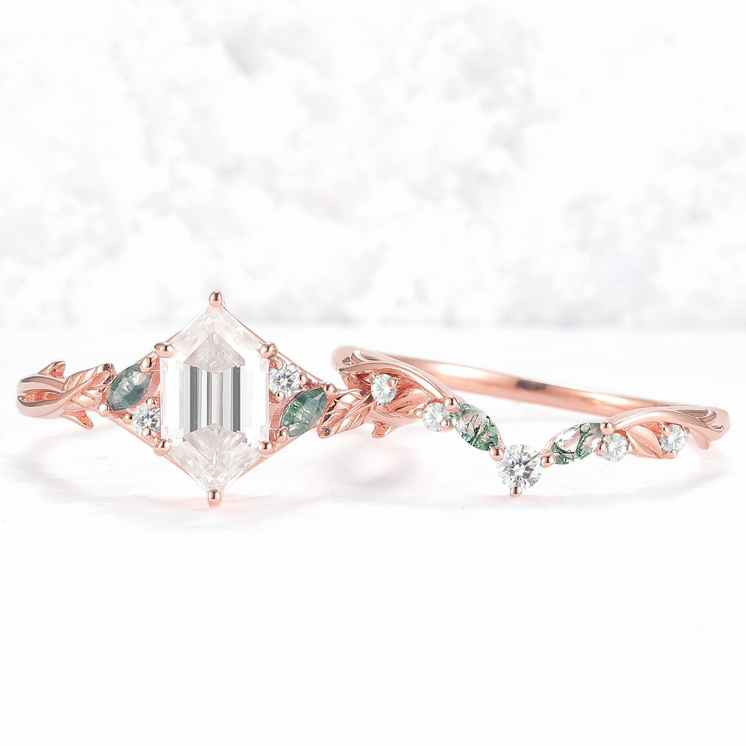Unique floral engagement rings Hexagon Cut Moissanite Vine Gemstone Ring Set
