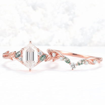 Unique floral engagement rings Hexagon Cut Moissanite Vine Gemstone Ring Set