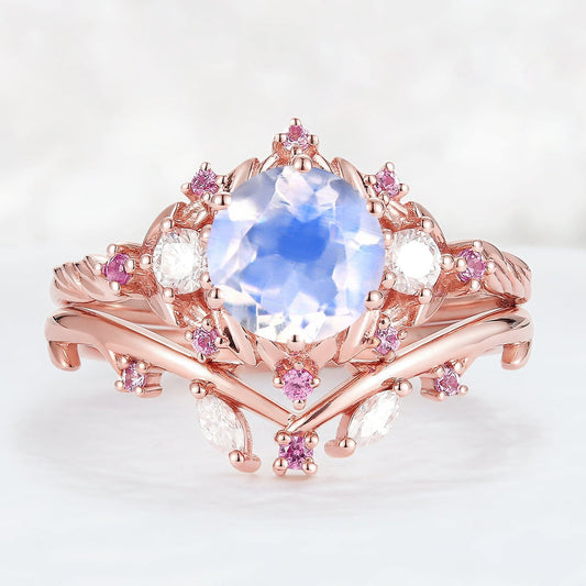 Unique floral engagement rings Round Moonstone and Moissanite Ring Set
