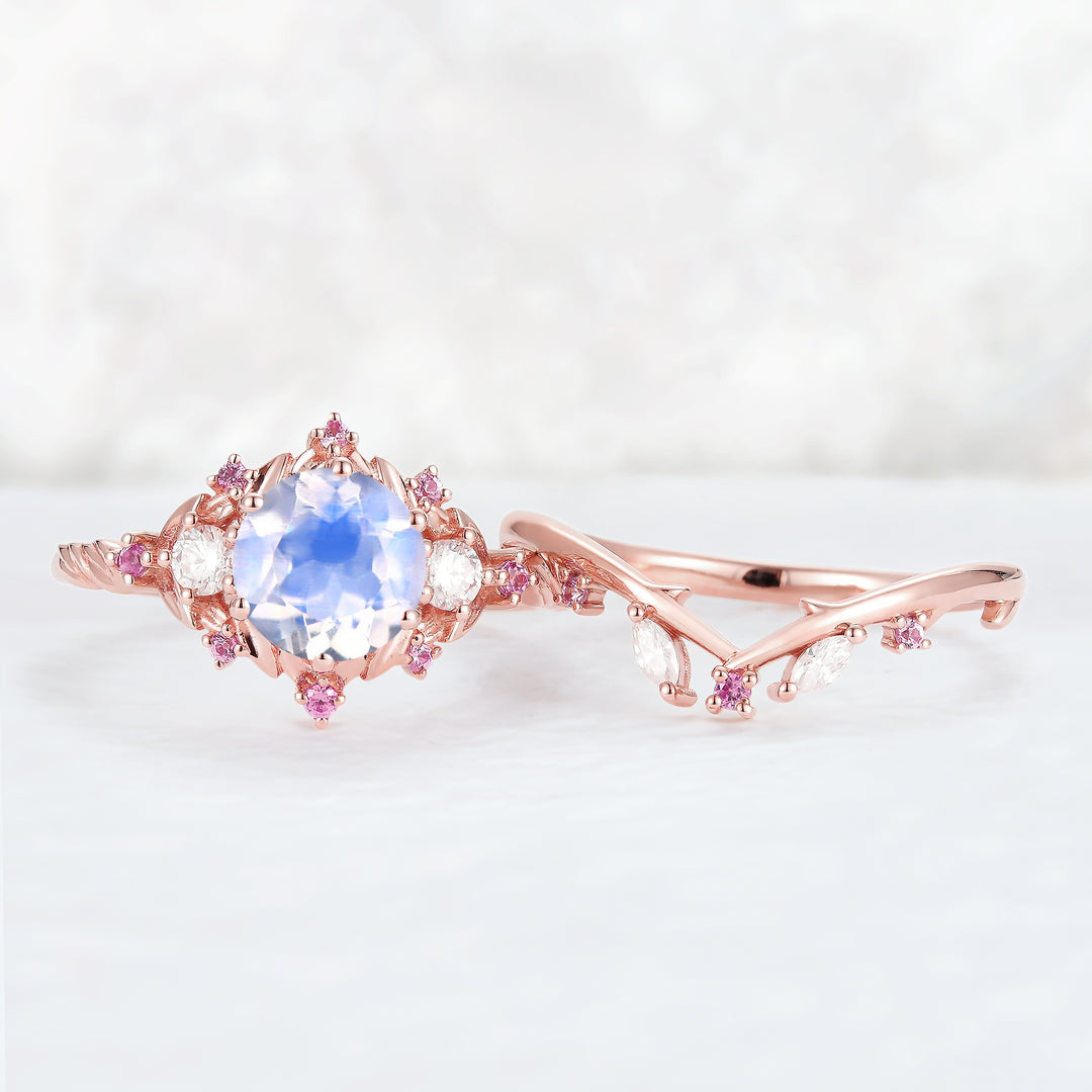 Unique floral engagement rings Round Moonstone and Moissanite Ring Set