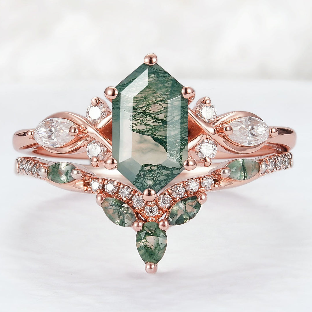 Vintage Nature Hexagon Cut Moss Agate Five Stone Ring Set