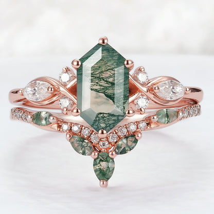 Vintage Nature Hexagon Cut Moss Agate Five Stone Ring Set