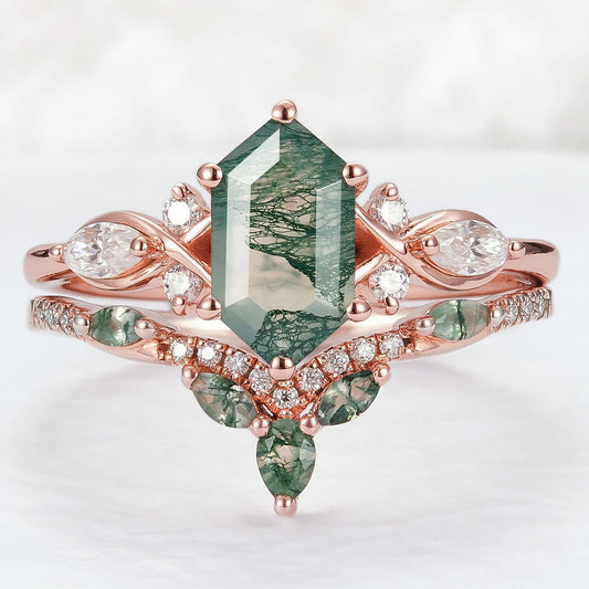 Vintage Nature Hexagon Cut Moss Agate Five Stone Ring Set