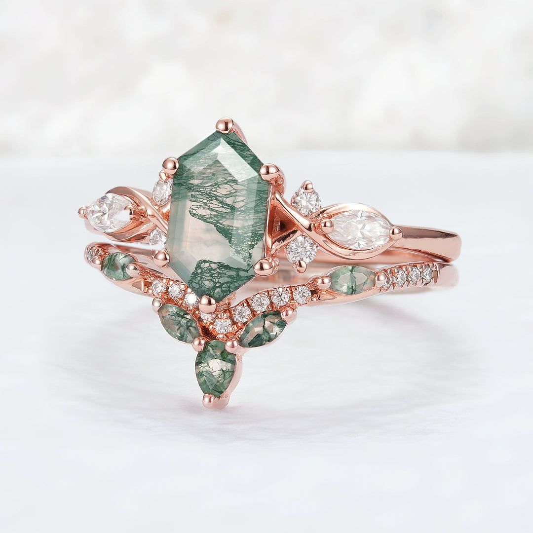 Vintage Nature Hexagon Cut Moss Agate Five Stone Ring Set