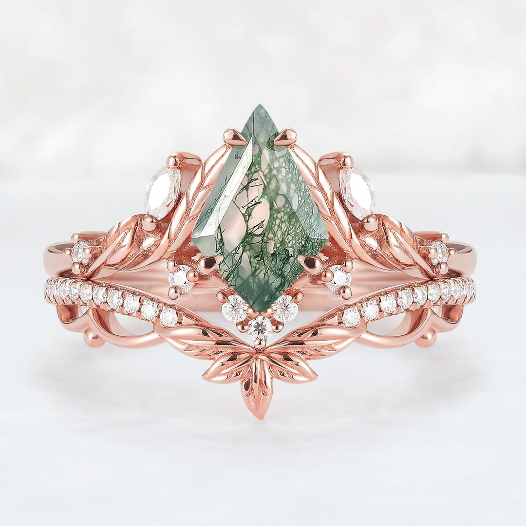 Unique floral engagement rings Kite Moss Agate Moissanite Leaf Engagement Ring Set