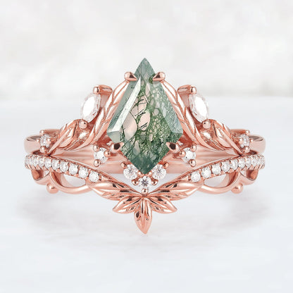 Unique floral engagement rings Kite Moss Agate Moissanite Leaf Engagement Ring Set
