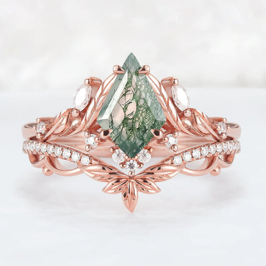 Unique floral engagement rings Kite Moss Agate Moissanite Leaf Engagement Ring Set