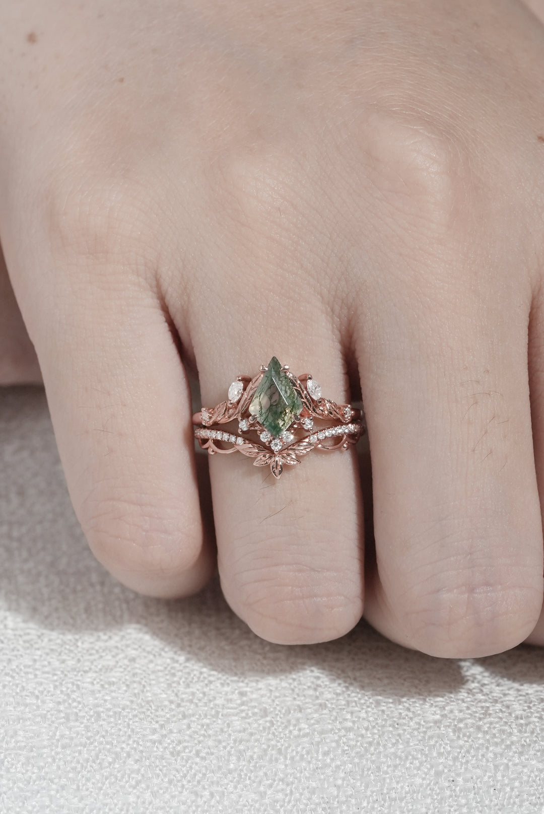 Unique floral engagement rings Kite Moss Agate Moissanite Leaf Engagement Ring Set