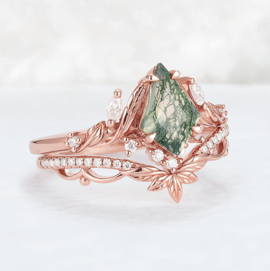 Unique floral engagement rings Kite Moss Agate Moissanite Leaf Engagement Ring Set