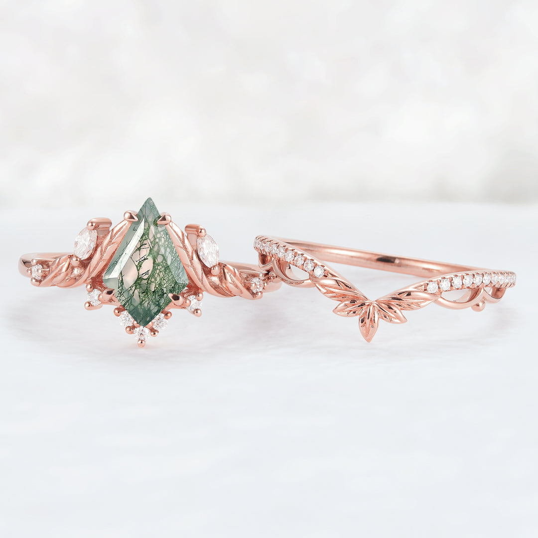 Unique floral engagement rings Kite Moss Agate Moissanite Leaf Engagement Ring Set