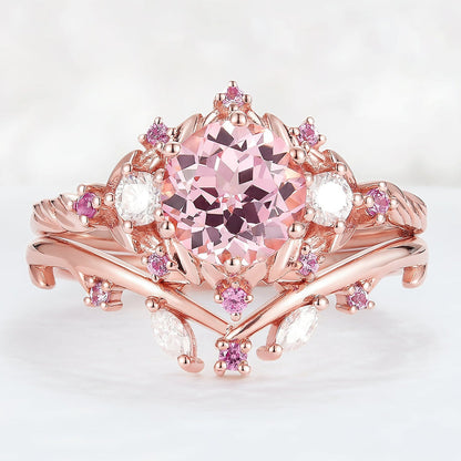 Unique floral engagement rings Round Padparadscha and Moissanite Engagement Ring Set