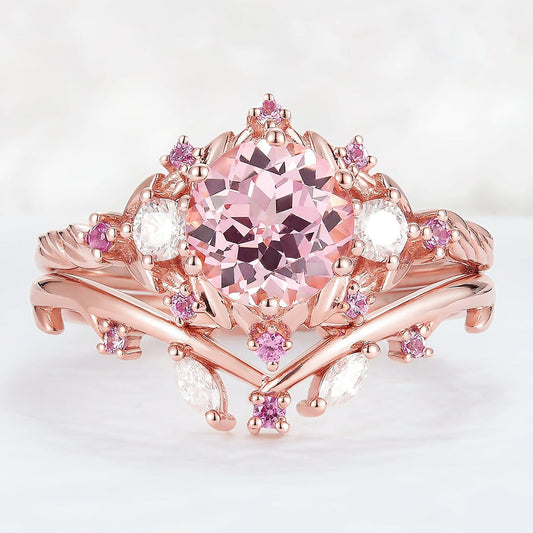 Unique floral engagement rings Round Padparadscha and Moissanite Engagement Ring Set