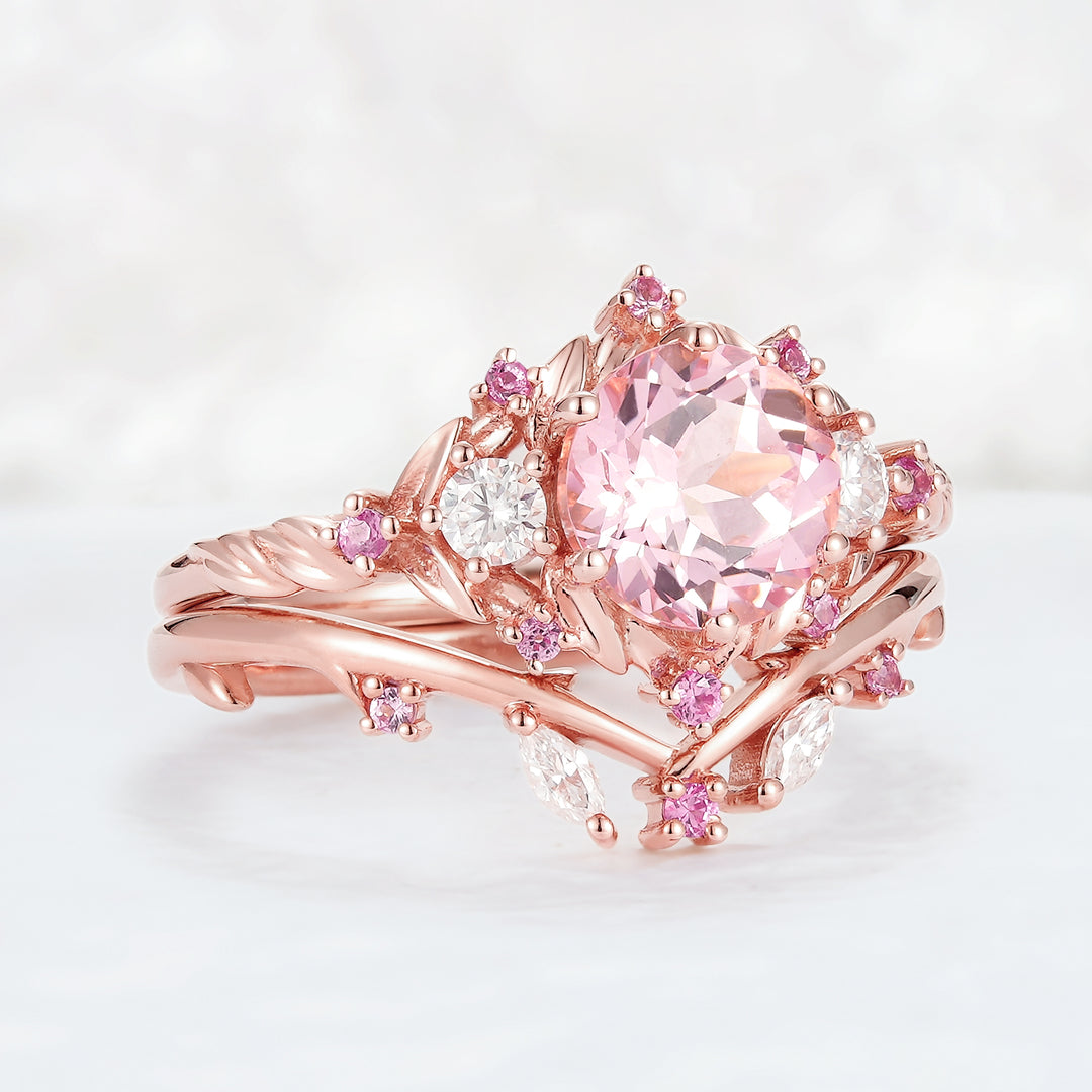 Unique floral engagement rings Round Padparadscha and Moissanite Engagement Ring Set