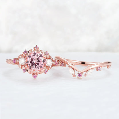 Unique floral engagement rings Round Padparadscha and Moissanite Engagement Ring Set