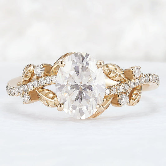 Unique Nature Inspired Oval Moissanite Leafy Engagement Ring