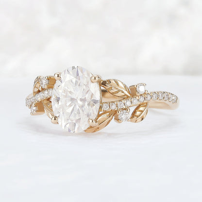 Unique Nature Inspired Oval Moissanite Leafy Engagement Ring