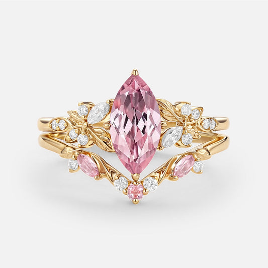 Vintage Marquise Lab Pink Sapphire Leafy Engagement Ring Set