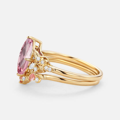 Vintage Marquise Lab Pink Sapphire Leafy Engagement Ring Set