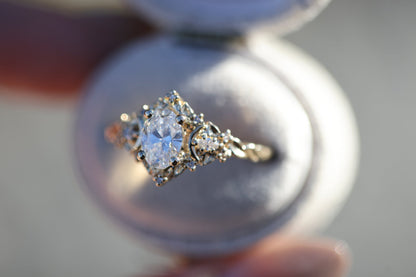 Unique Briar Moon Three Stone Oval Moissanite Ring