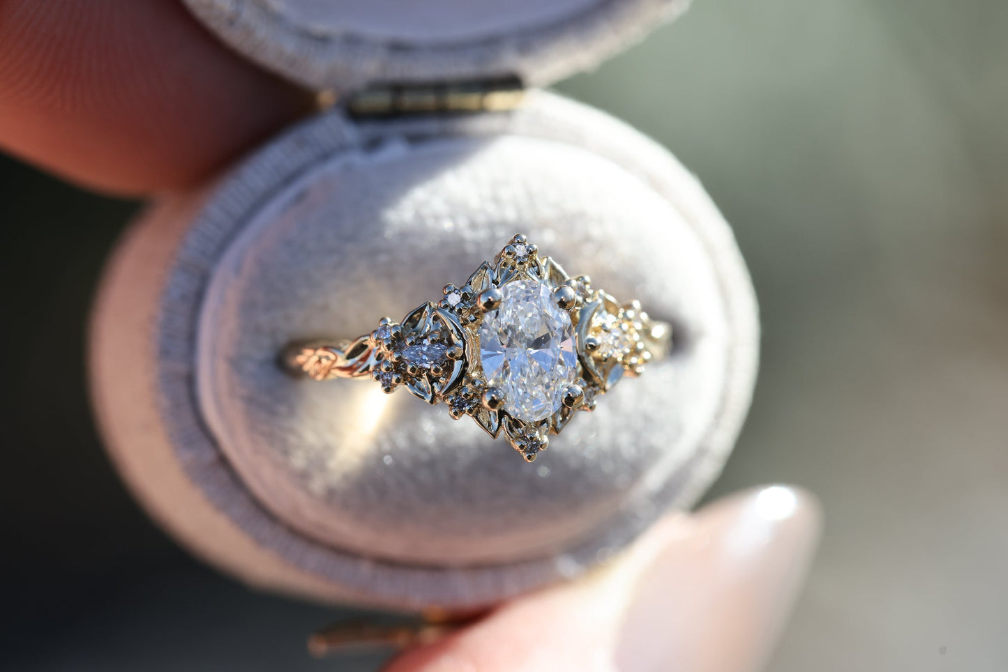 Unique Briar Moon Three Stone Oval Moissanite Ring