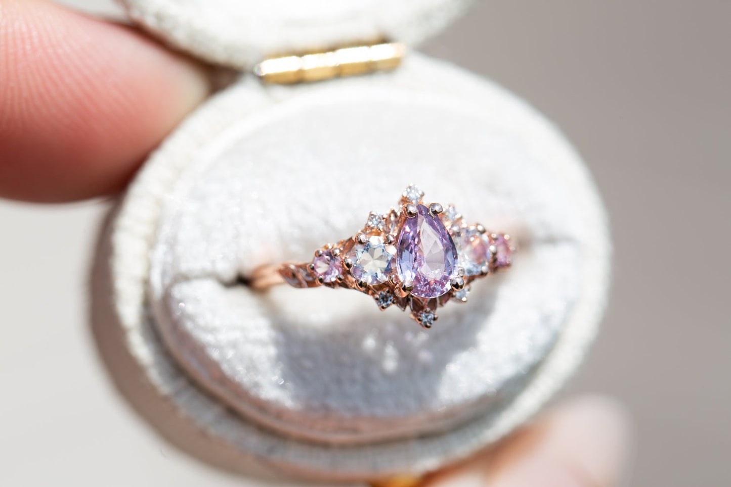 Unique Briar Rose Five Stone Pear Padparadscha Ring